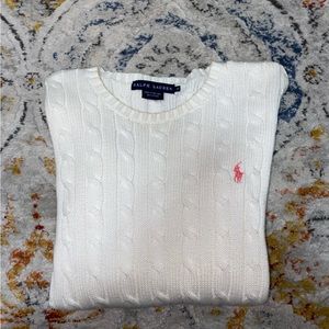 Ralph Lauren medium cable sweater. 100% cotton with embroidered pink polo symbol
